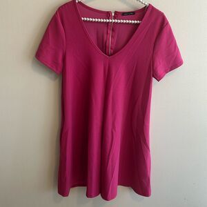 Sweet Claire Womens Fuchsia Pink VNeck Short Sleeve Shift Dress Gold Zip Back L